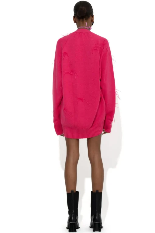 BRIGHT PINK MERINO WOOL OVERSIZE CARDIGAN WITH FEATHERS